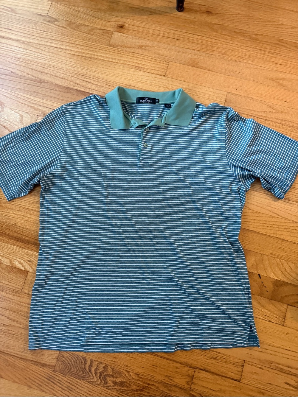 Bugatchi Uomo Blue Striped Polo Teal Contrast Collar Mens XXL Short Sleeve Shirt